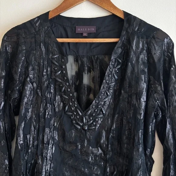 Hale Bob Beaded Burnout Silk Blouse Medium Black Summer Luxury - Picture 2 of 6